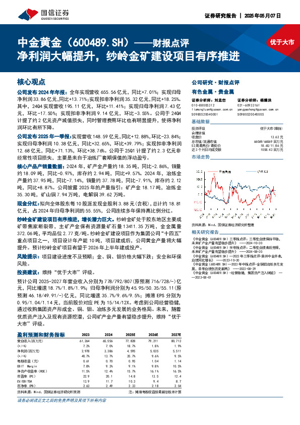 财报点评：净利润大幅提升，纱岭金矿建设项目有序推进