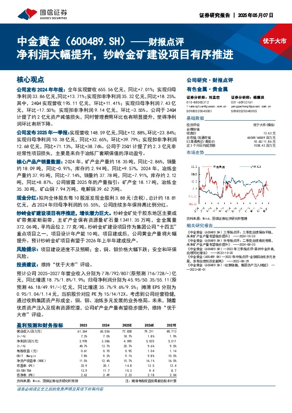 财报点评：净利润大幅提升，纱岭金矿建设项目有序推进