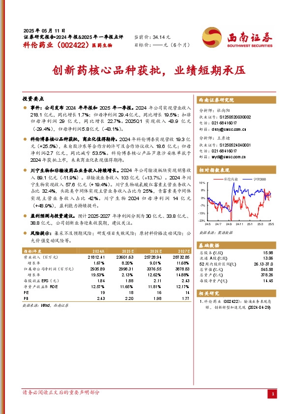 创新药核心品种获批，业绩短期承压