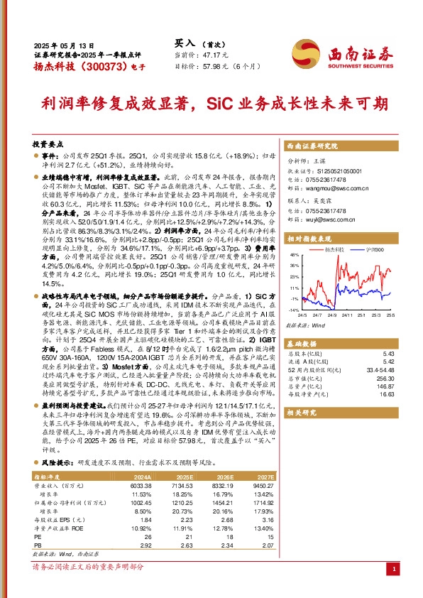 2025年一季报点评：利润率修复成效显著，SiC业务成长性未来可期