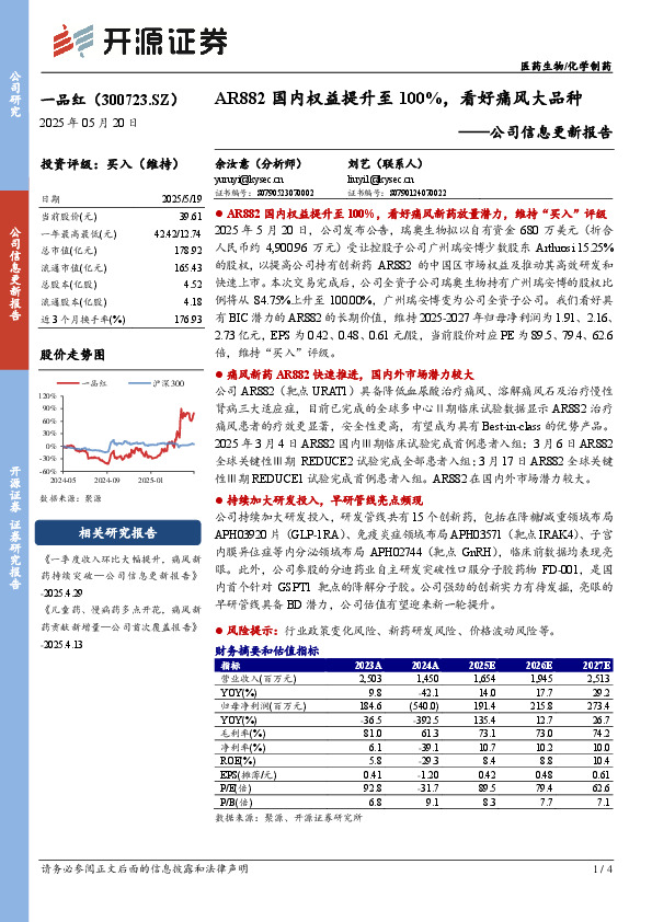 公司信息更新报告：AR882国内权益提升至100%，看好痛风大品种