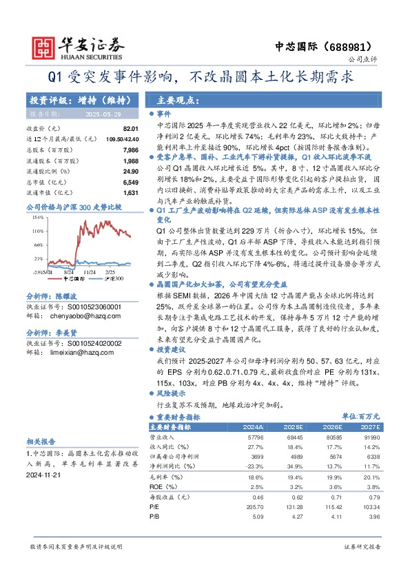 Q1受突发事件影响，不改晶圆本土化长期需求
