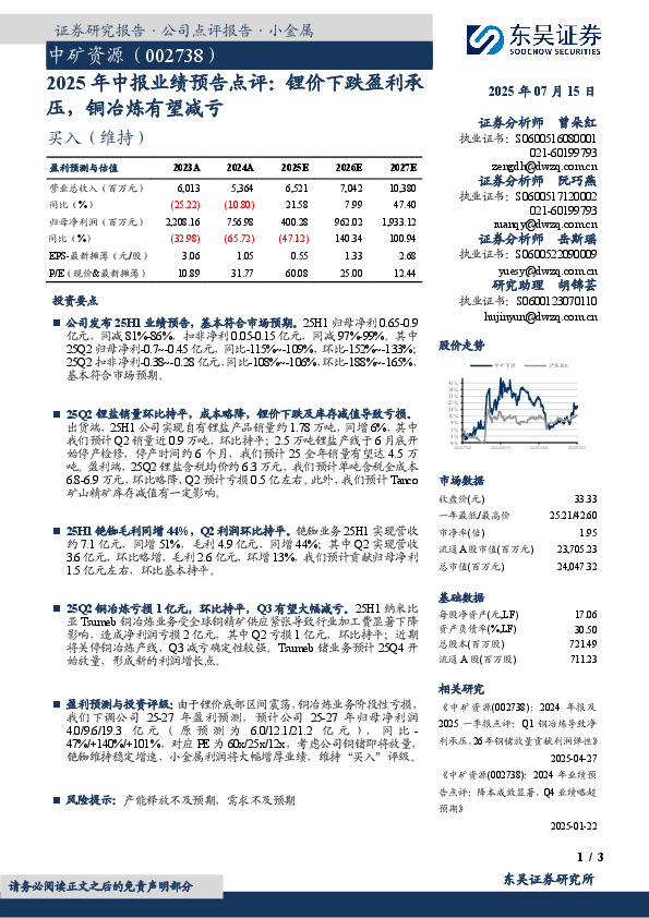 2025年中报业绩预告点评：锂价下跌盈利承压，铜冶炼有望减亏