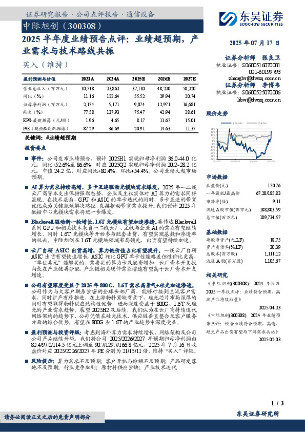 2025半年度业绩预告点评：业绩超预期，产业需求与技术路线共振