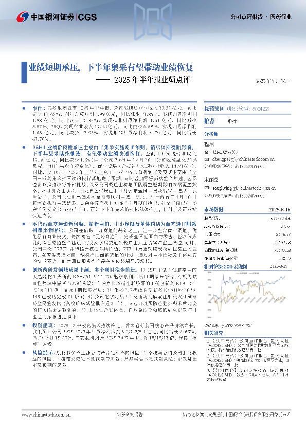 2025年半年报业绩点评：业绩短期承压，下半年集采有望带动业绩恢复