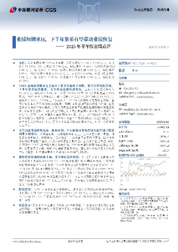 2025年半年报业绩点评：业绩短期承压，下半年集采有望带动业绩恢复