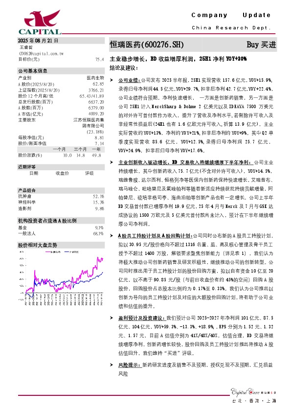 主业稳步增长，BD收益增厚利润，25H1净利YOY+30%