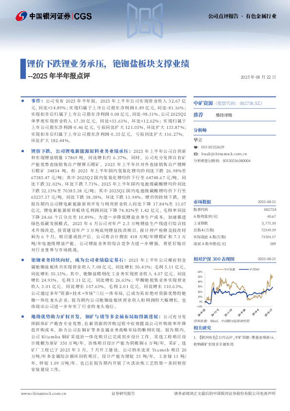 2025年半年报点评：锂价下跌锂业务承压，铯铷盐板块支撑业绩