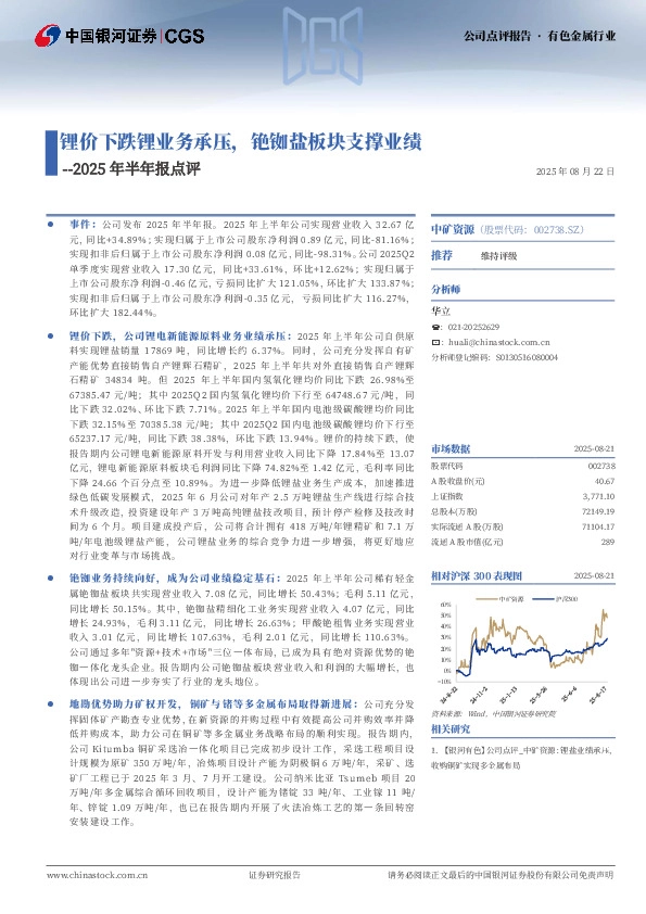 2025年半年报点评：锂价下跌锂业务承压，铯铷盐板块支撑业绩