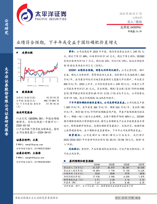 业绩符合预期，下半年或受益于国际磷肥价差增大