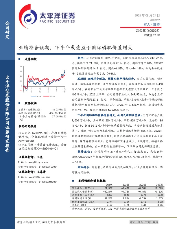 业绩符合预期，下半年或受益于国际磷肥价差增大