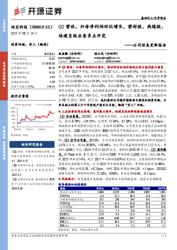 公司信息更新报告：Q2营收、归母净利润环比增长，密封胶、热熔胶、硅碳负极业务多点开花