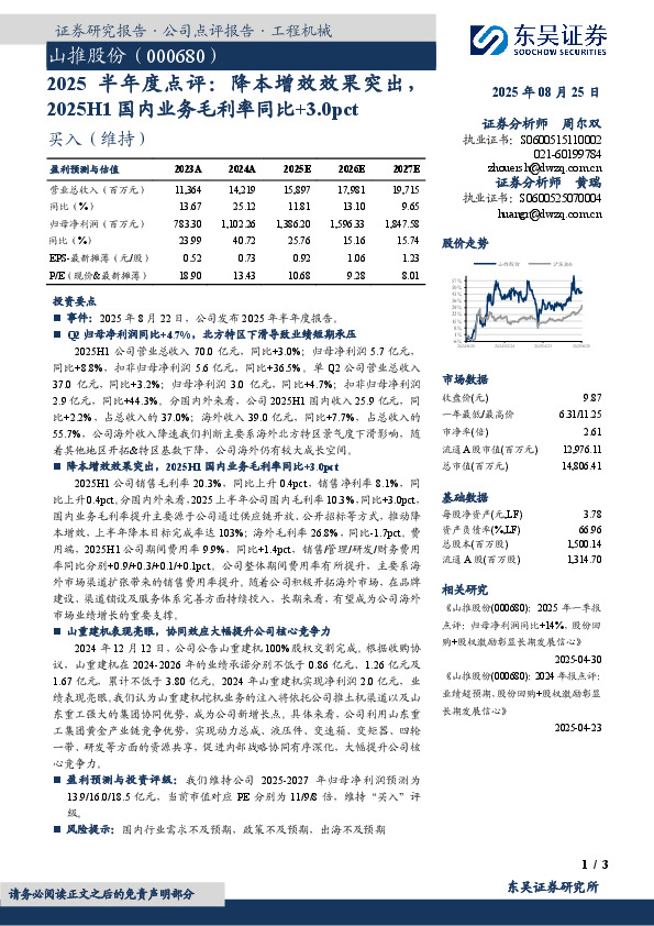 半年度点评：降本增效效果突出，2025H1国内业务毛利率同比+3.0pct