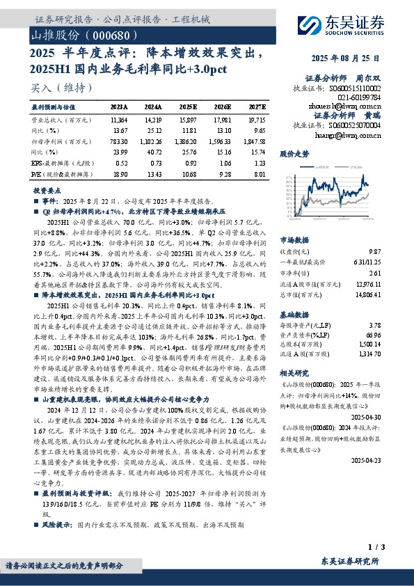 半年度点评：降本增效效果突出，2025H1国内业务毛利率同比+3.0pct