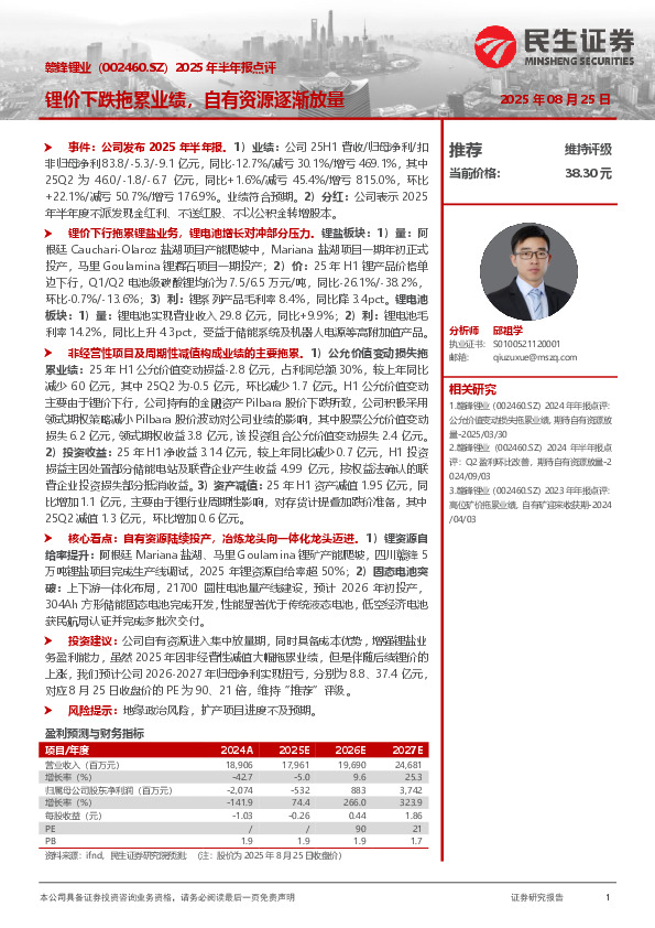 2025年半年报点评：锂价下跌拖累业绩，自有资源逐渐放量