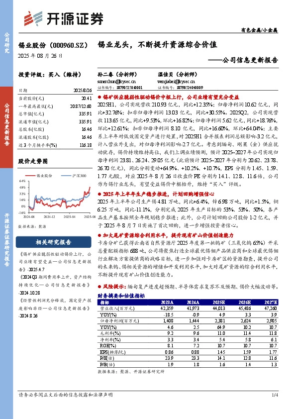 公司信息更新报告：锡业龙头，不断提升资源综合价值