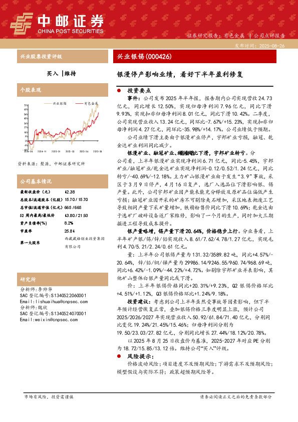 银漫停产影响业绩，看好下半年盈利修复