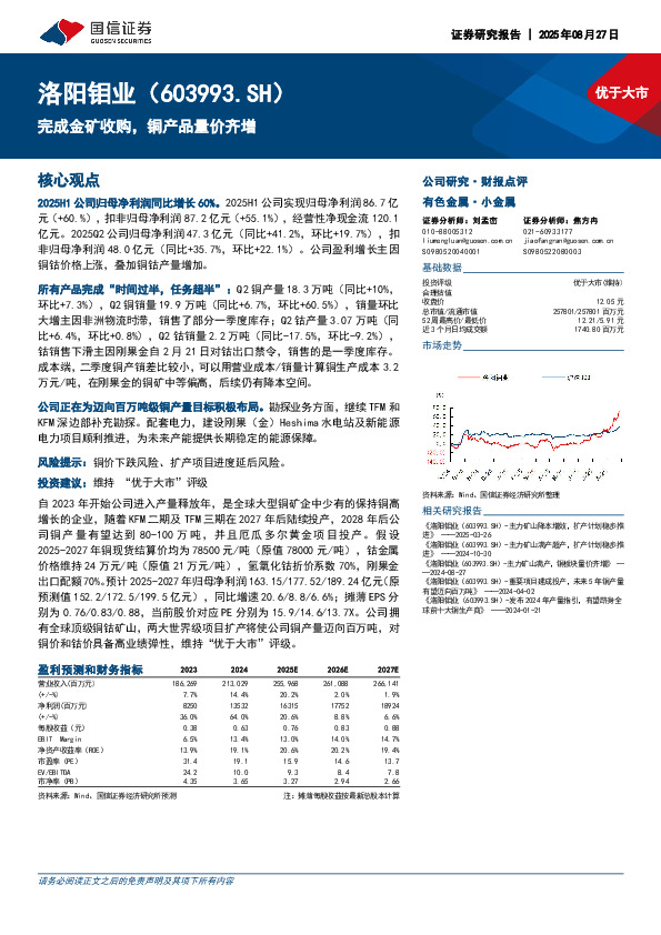 完成金矿收购，铜产品量价齐增