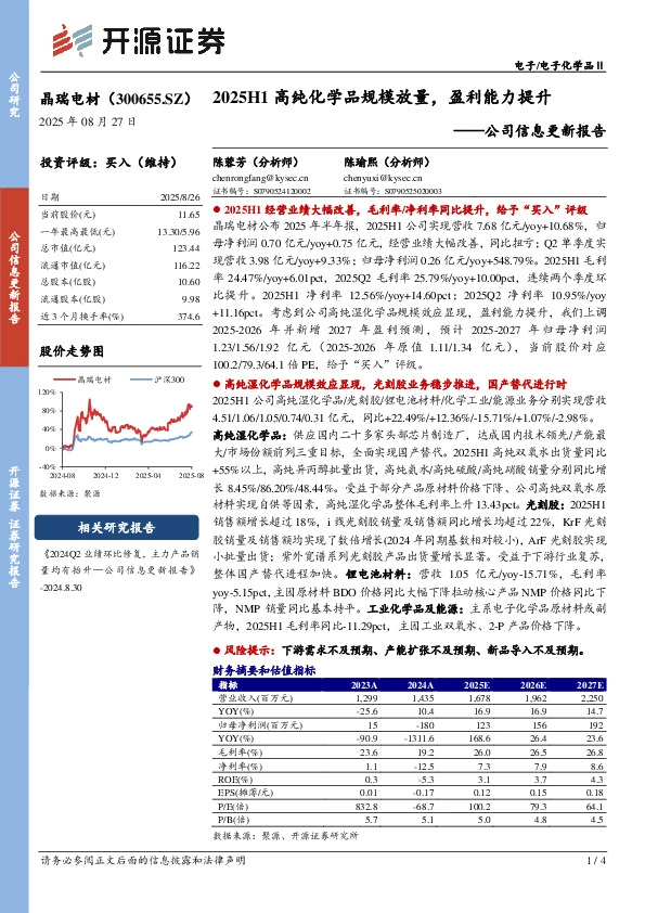 公司信息更新报告：2025H1高纯化学品规模放量，盈利能力提升