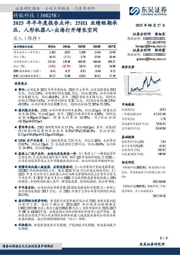 2025年半年度报告点评：25H1业绩短期承压，人形机器人+出海打开增长空间