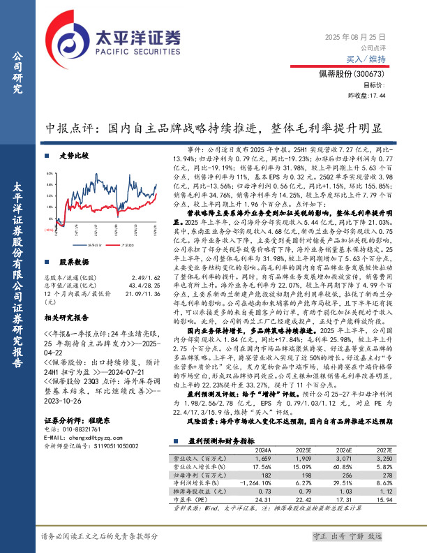 中报点评：国内自主品牌战略持续推进，整体毛利率提升明显