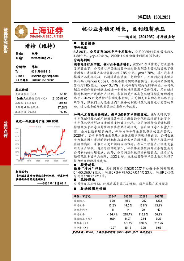 半年报点评：核心业务稳定增长，盈利短暂承压