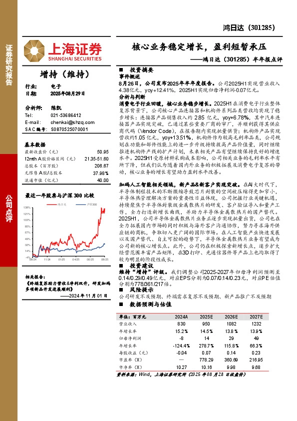 半年报点评：核心业务稳定增长，盈利短暂承压