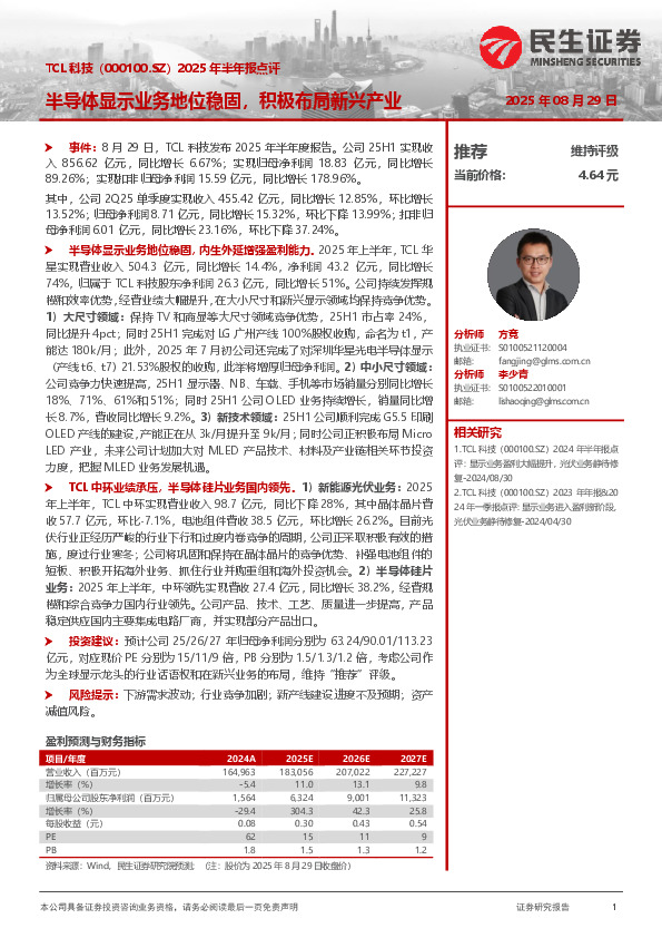 半导体显示业务地位稳固，积极布局新兴产业