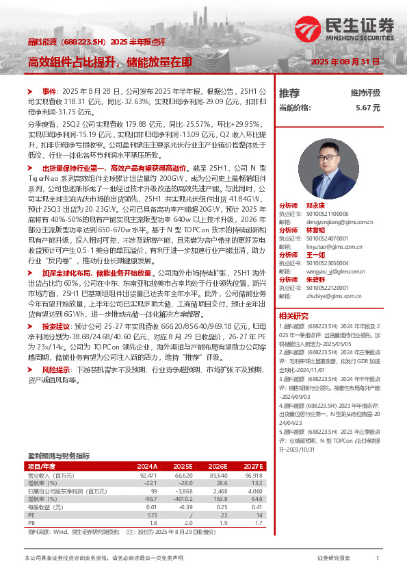 2025半年报点评：高效组件占比提升，储能放量在即