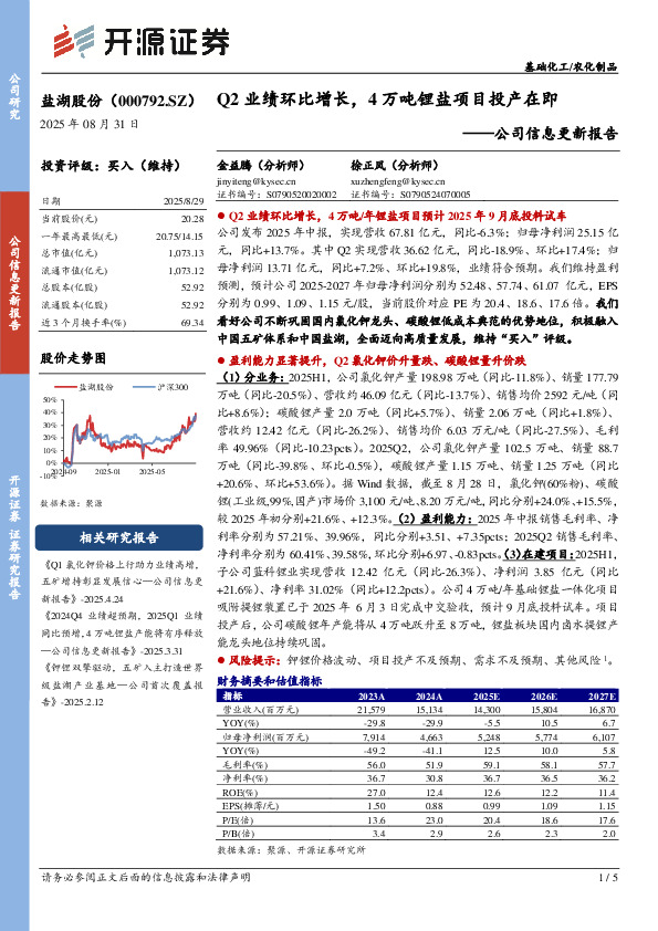 公司信息更新报告：Q2业绩环比增长，4万吨锂盐项目投产在即