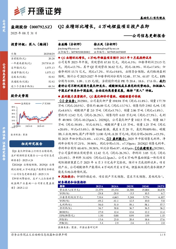公司信息更新报告：Q2业绩环比增长，4万吨锂盐项目投产在即