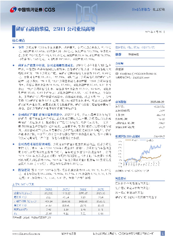 磷矿石高价维稳，25H1公司业绩高增