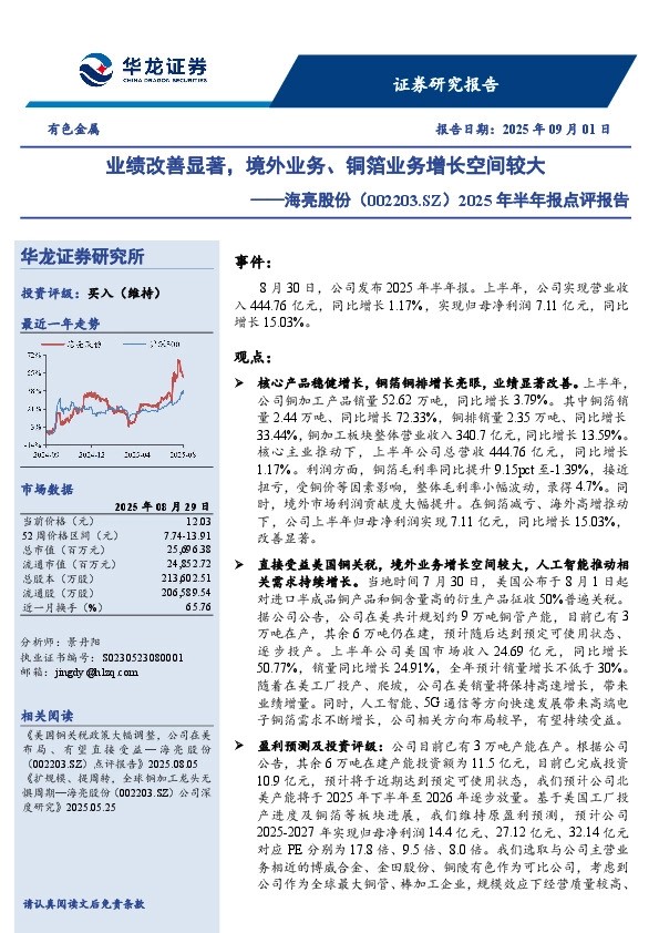 2025年半年报点评报告：业绩改善显著，境外业务、铜箔业务增长空间较大