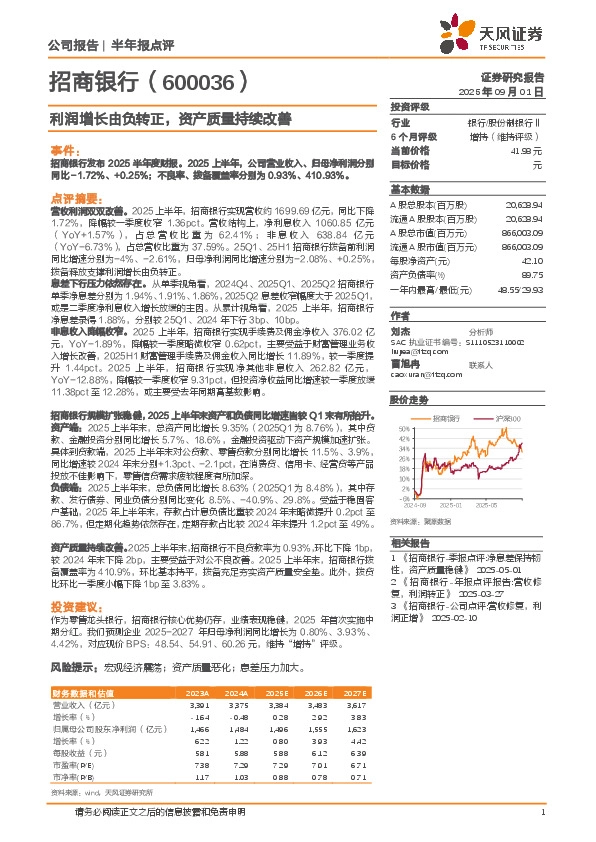 利润增长由负转正，资产质量持续改善