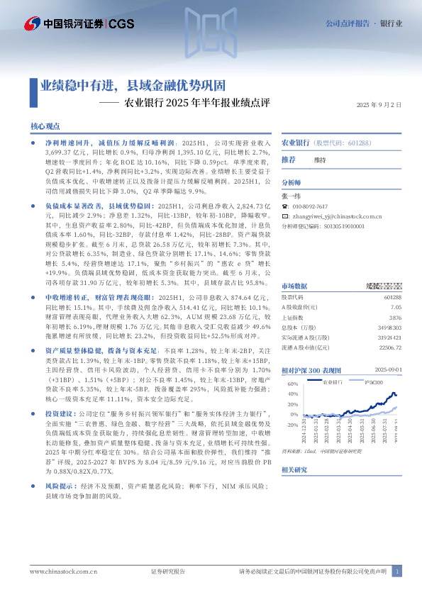 农业银行2025年半年报业绩点评：业绩稳中有进，县域金融优势巩固