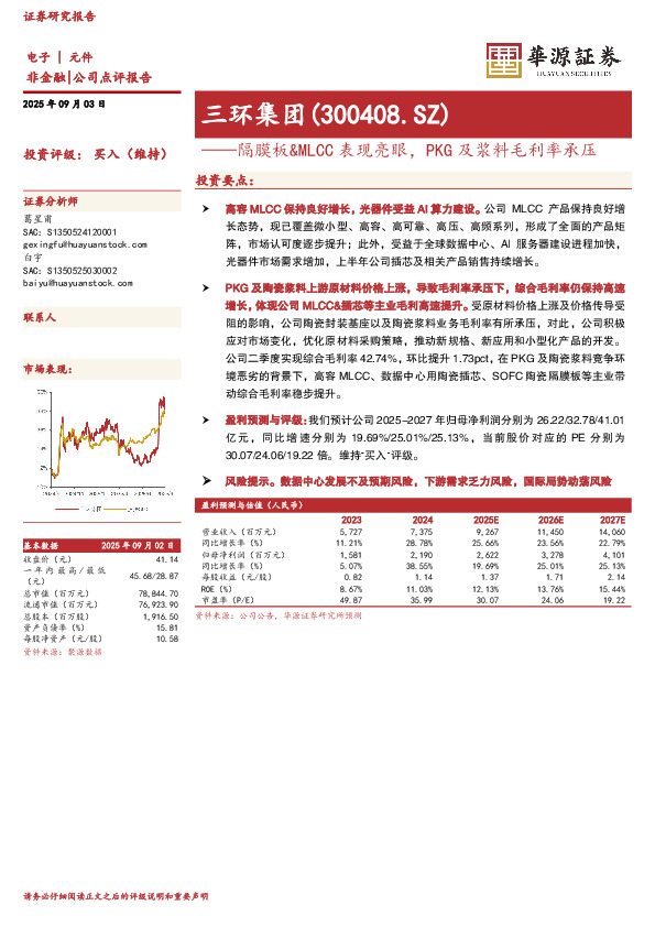 隔膜板&MLCC表现亮眼，PKG及浆料毛利率承压