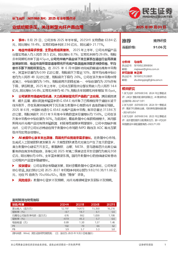 2025年半年报点评：业绩短期承压，关注新型光纤产品应用