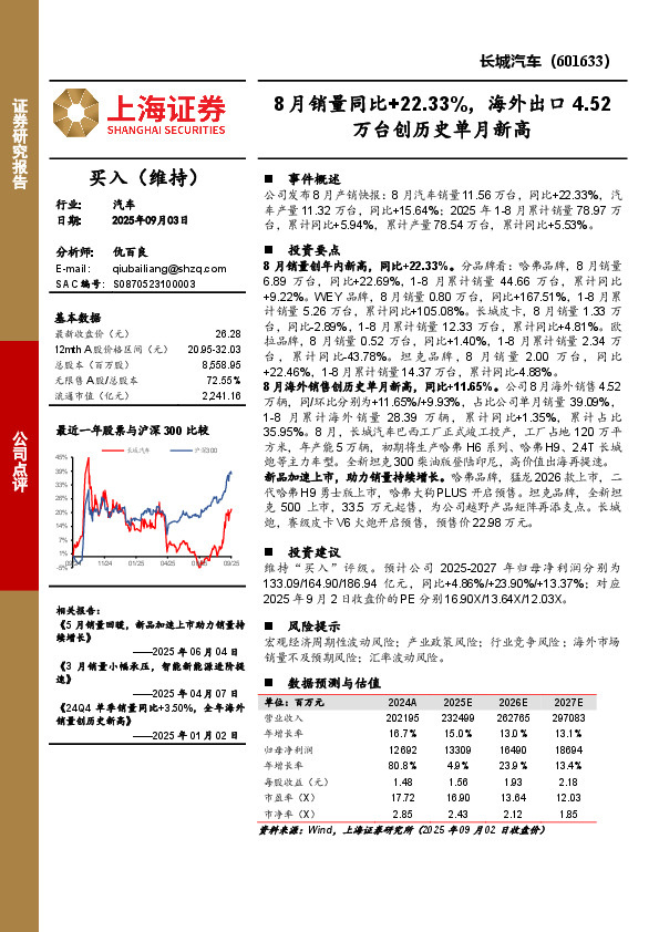 8月销量同比+22.33%，海外出口4.52万台创历史单月新高