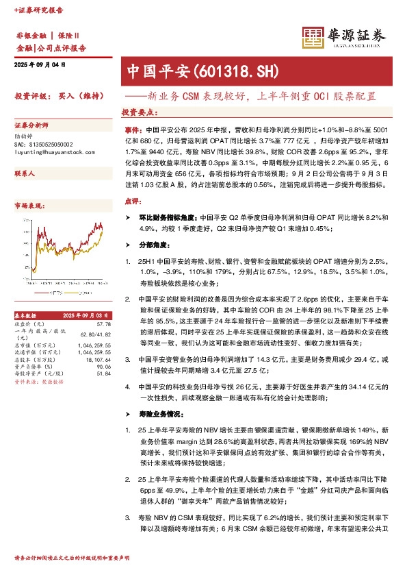 新业务CSM表现较好，上半年侧重OCI股票配置