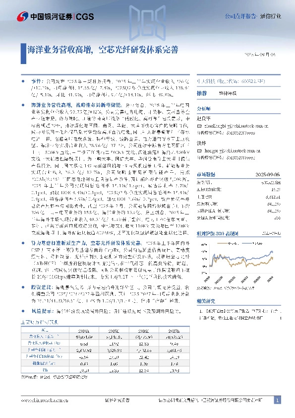 海洋业务营收高增，空芯光纤研发体系完善