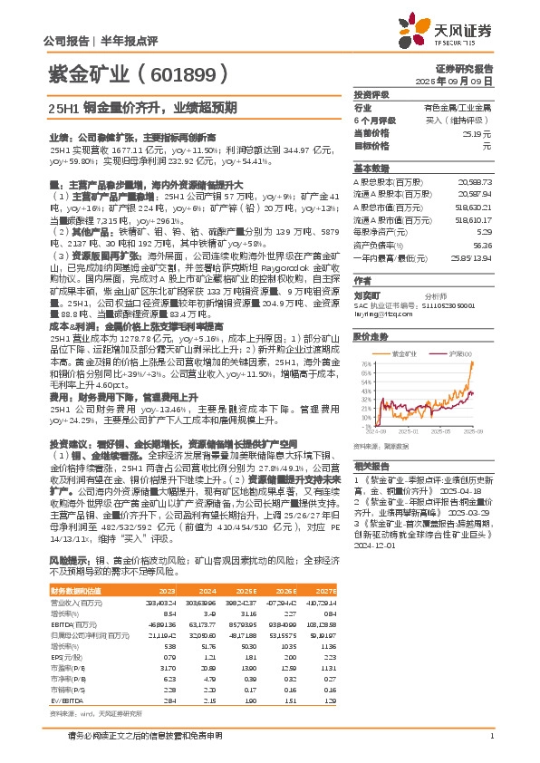25H1铜金量价齐升，业绩超预期