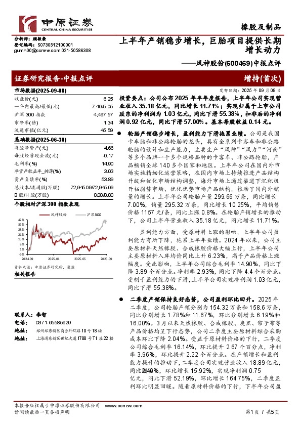 中报点评：上半年产销稳步增长，巨胎项目提供长期增长动力