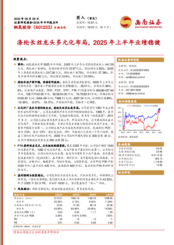 2025年半年报点评：涤纶长丝龙头多元化布局，2025年上半年业绩稳健
