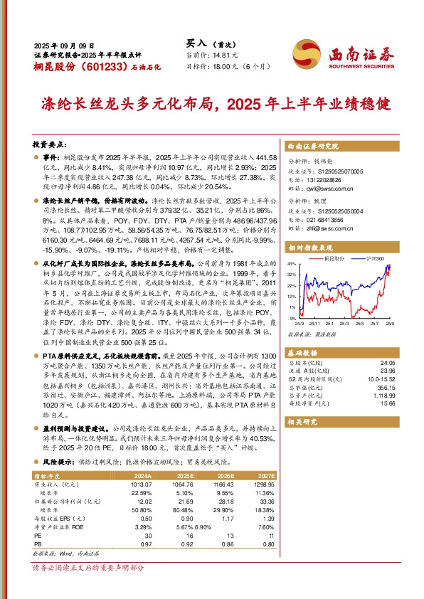 2025年半年报点评：涤纶长丝龙头多元化布局，2025年上半年业绩稳健