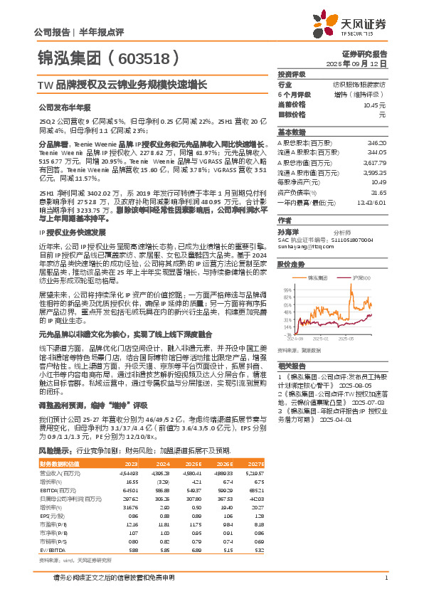 TW品牌授权及云锦业务规模快速增长