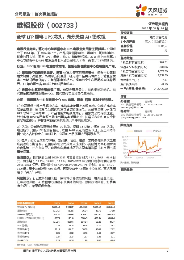 全球LFP锂电UPS龙头，充分受益AI+铅改锂