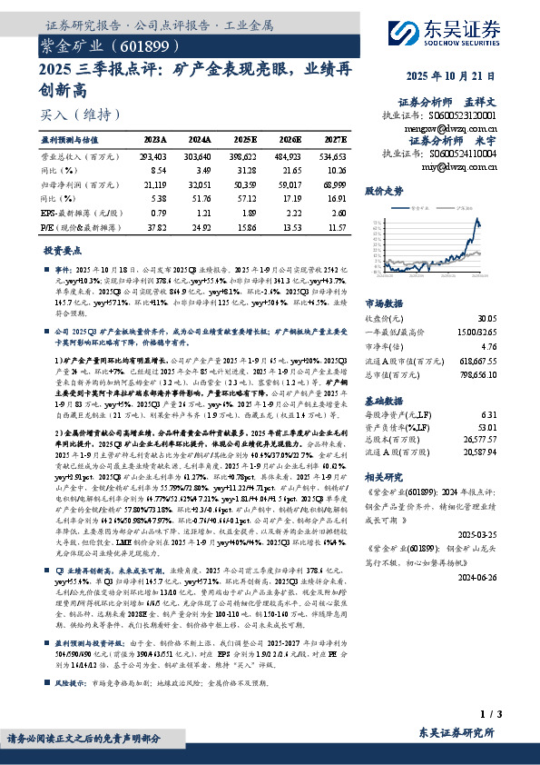 2025三季报点评：矿产金表现亮眼，业绩再创新高