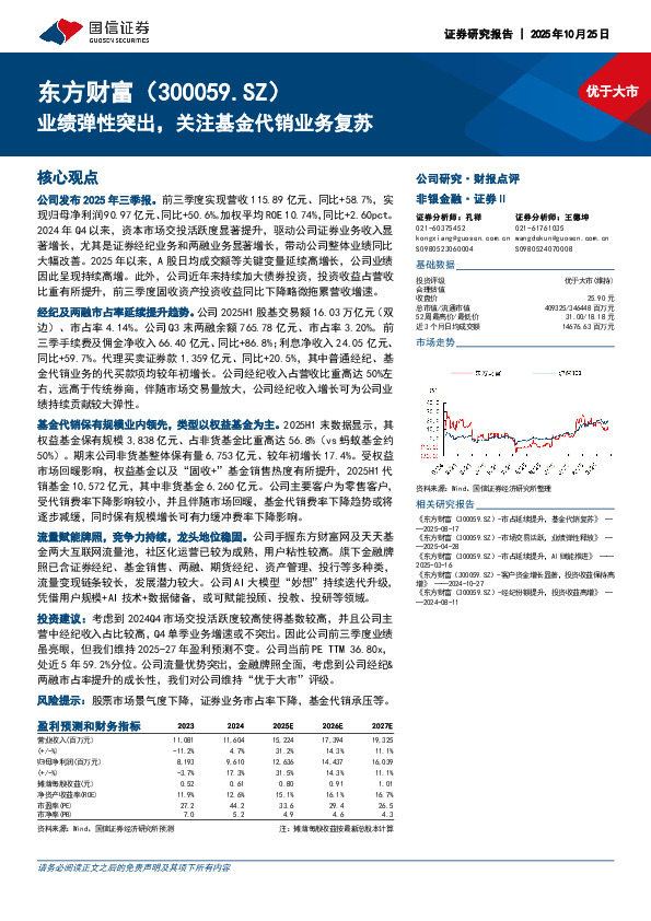 业绩弹性突出，关注基金代销业务复苏