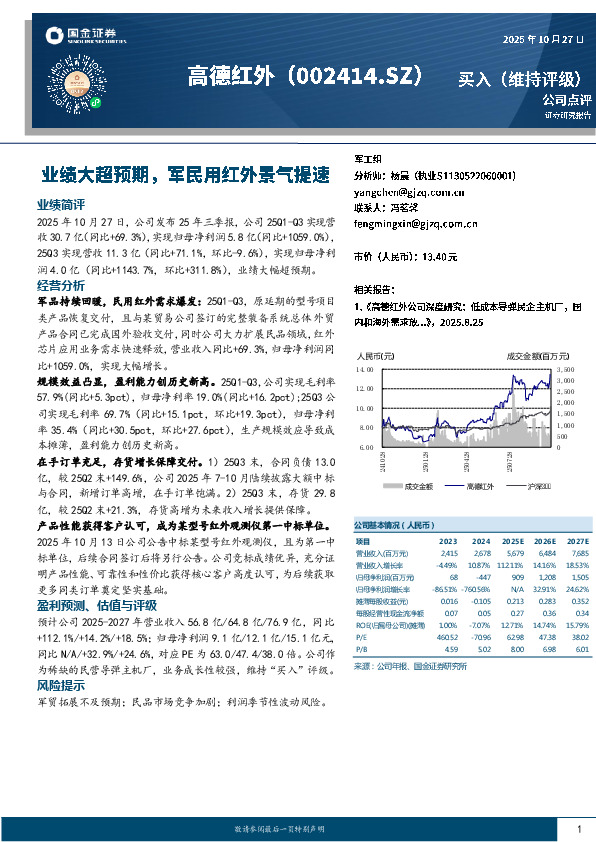 业绩大超预期，军民用红外景气提速