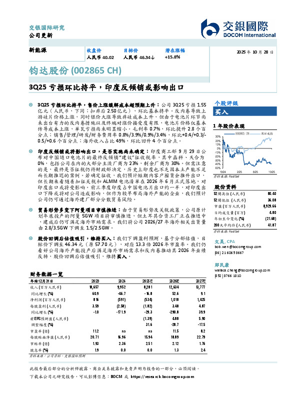 3Q25亏损环比持平，印度反倾销或影响出口